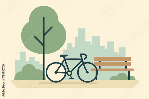 Park minimal flat bench bicycle vector simple outline tree city illustration