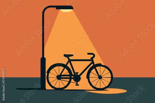 Vector under minimalist glowing silhouette bicycle streetlight tones flat evening illustration