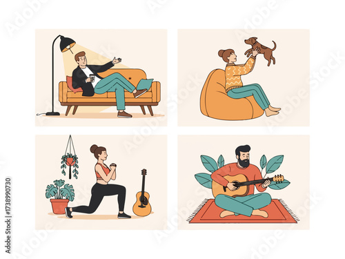 People Enjoying Free Time at Home: Modern Concept of Hobbies and Relaxation