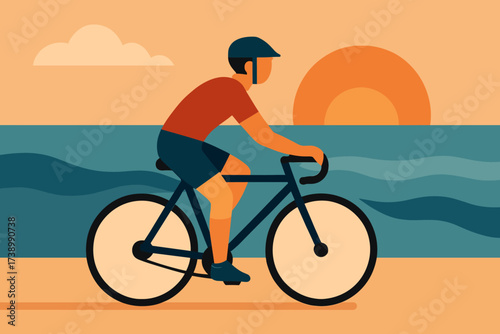 Flat background along seashore riding sunset vector illustration waves cyclist seaside path