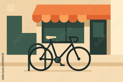 Flat minimalist minimal shapes to vector illustration locked bike near shop bicycle