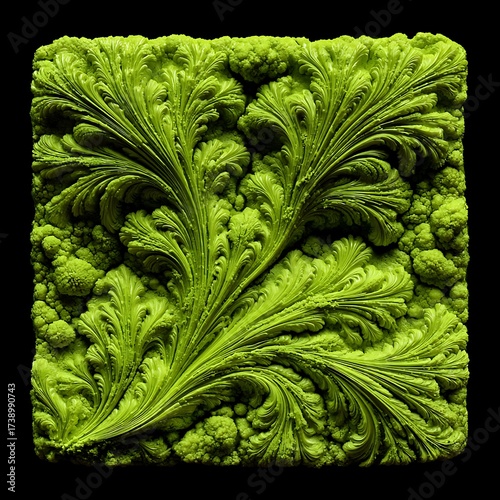 Vibrant lime green fractal swirls dance across a textured surface, creating a modern art botanical pattern perfect for backgrounds and unique design elements