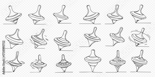 Collection of spinning top illustrations in various designs and states of motion.