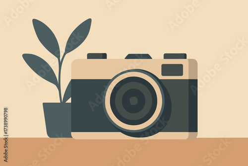Illustration beside it silhouette retro flat simple minimalism table camera vector placed