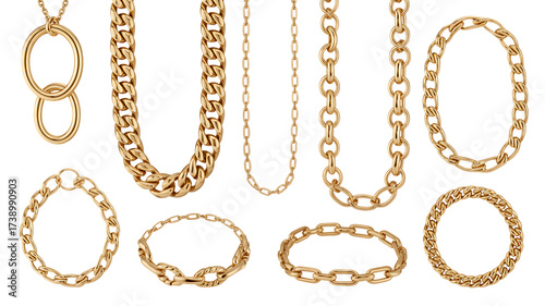 Luxurious gold and silver chain necklaces and bracelets collection elegant jewelry display isolated on transparent background