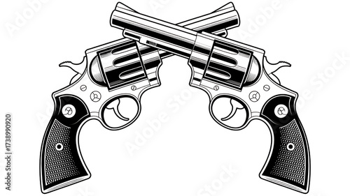 Two crossed revolver pistols detailed metal texture striking dark design isolated on transparent background