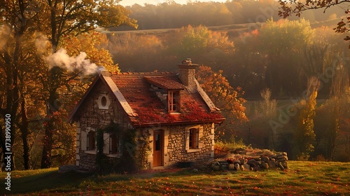 Charming stone cottage nestled in vibrant autumn foliage, smoke rising from the chimney, inviting warmth and cozy tranquility in a picturesque landscape
