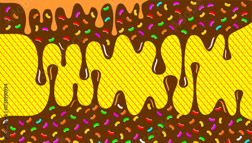 Wavy chocolate pattern. Chocolate wavy drip illustration. Brown chocolate drip illustration. Melted brown chocolate with sprinkle illustration. Liquid ice cream on waffle pattern background.