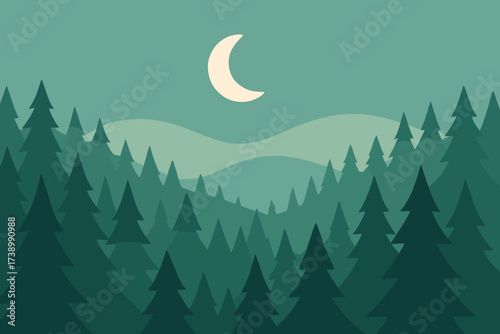 Fading vector above illustration into flat forest moon hills distance minimalist simple