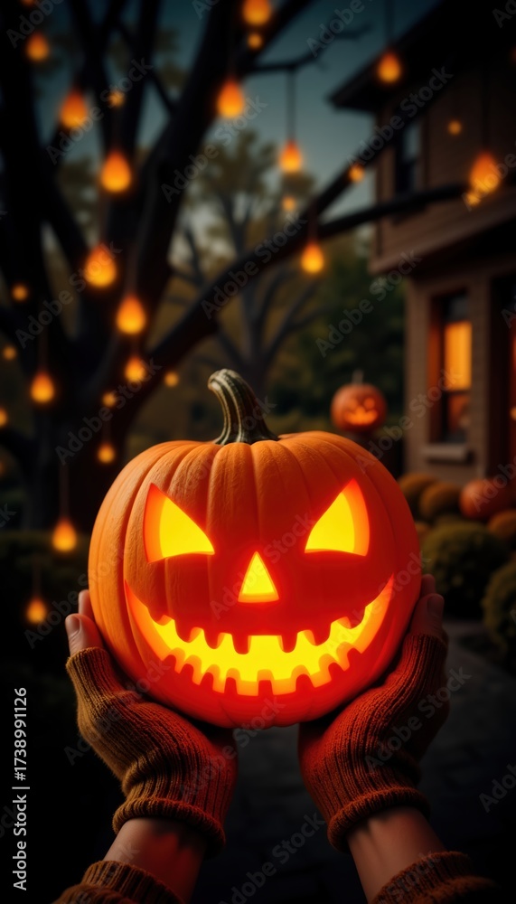 Fototapeta premium Warm Glowing Pumpkin with Halloween Decorations at Dusk