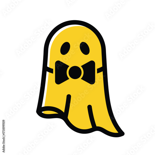 Cute Halloween Ghost Character with Bow Tie, Yellow Cartoon Illustration