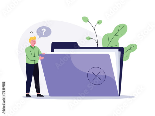 Confused man looking at empty file folder with error icon