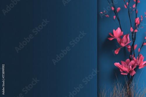 Abstract floral arrangement with pink blooms and dark blue backdrop