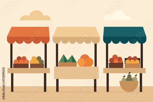 Geometric baskets minimalist stalls market fruit scene simple awnings outdoor illustration vector