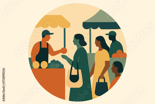 Flat circle market silhouettes abstract shoppers minimalist overlapping minimal scene vendors illustration