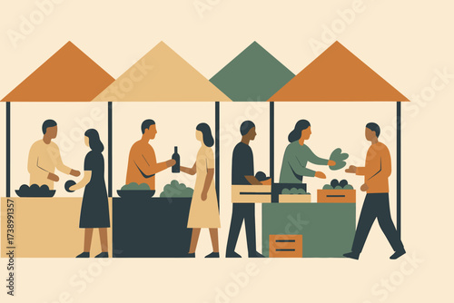 Under goods illustration structures exchange market minimalist flat people tent minimal vector
