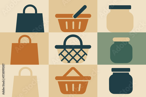 Vector illustration jars geometric symbols market abstract minimalist grid bags baskets arranged