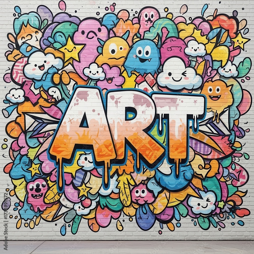 Fototapeta premium Whimsical Graffiti Art Mural: A playful collage of characters and expression