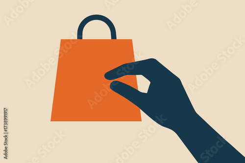 Hand holding shopping vector symbolizing flat silhouette purchase geometric bag minimalist illustration