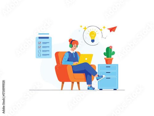 Woman in headphones working remotely on creative project
