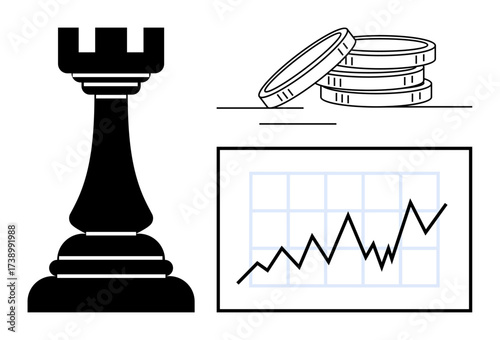 Chess rook, stacked coins, and upward graph highlight strategy, investments, and market growth. Ideal for business, strategy, economics finance leadership risk management success. Simple flat