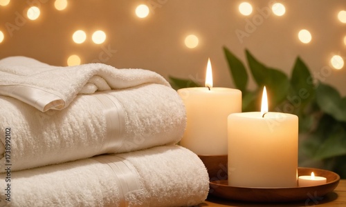 Luxurious spa experience unfolds with soft white towels, warm glowing candles, and gentle bokeh lights creating a serene, tranquil atmosphere for ultimate relaxation and self care.