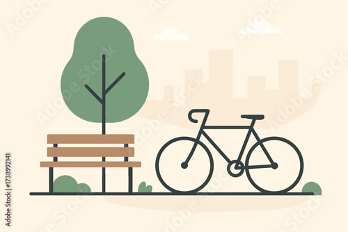 Parked flat vector minimalist tree bicycle illustration park city near outline