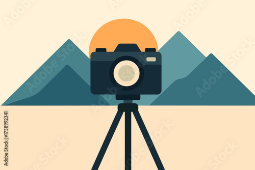 Tripod vector minimalist flat mountains sun behind camera rising illustration placed pointed