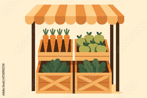 Geometric minimalist stylized market illustration crates flat carrots greens stand apples vector