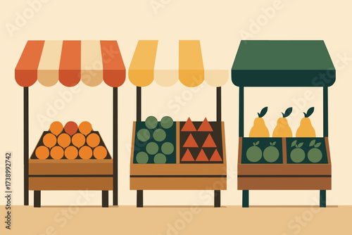 Baskets geometric minimalist vector scene fruit outdoor flat market stalls awnings illustration