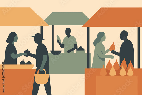 Market tent structures illustration exchanging minimal flat goods exchange silhouettes vector minimalist