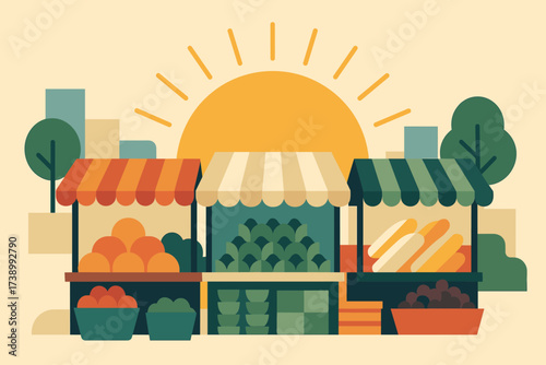 Sun filled goods stalls illustration minimalism market morning vector scene stylized