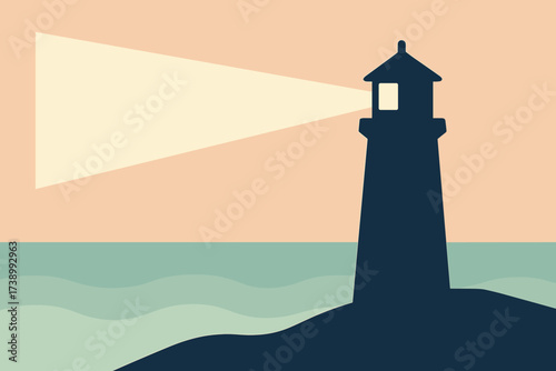 Light flat over silhouette triangular casting vector lighthouse beam minimalist illustration sea