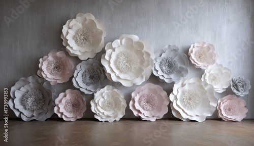 Large paper flowers in various pastel colors adorning a wall, creating a soft and elegant display