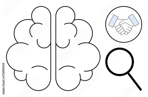 Outline of a brain flanked by a handshake for collaboration and a magnifying glass for research. Ideal for teamwork, innovation, brainstorming, knowledge, problem-solving, education, simple flat