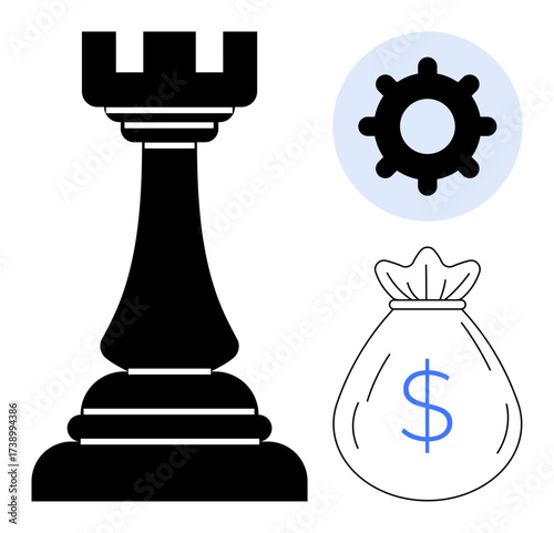 Chess rook, gear, and money bag represent strategy, teamwork, and financial growth. Ideal for business, innovation, problem-solving investment leadership productivity corporate vision. Simple