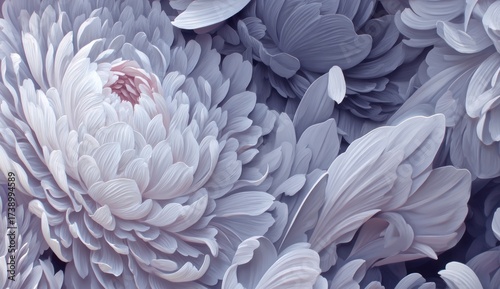 Close-up view of stylized, fluffy white flowers with subtle lavender and pink hues