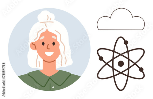 Smiling woman inside a circle, an atom with orbiting electrons, and a cloud outline. Ideal for education, innovation, knowledge, science, teamwork inspiration and creativity themes. Simple flat
