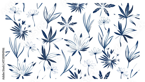 Elegant botanical pattern with indigo flowers and leaves, perfect for a modern, sophisticated design, adding a touch of nature to any project