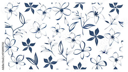 Elegant floral pattern with indigo and white flowers, perfect for textile design, wallpaper, or branding projects desiring a touch of nature and sophistication