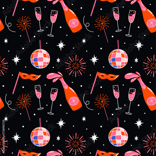 New Year's Eve party seamless vector pattern design with cartoon groovy retro 90s illustration of music rave, carnival, masquerade mask, fireworks, disco ball, birthday celebration