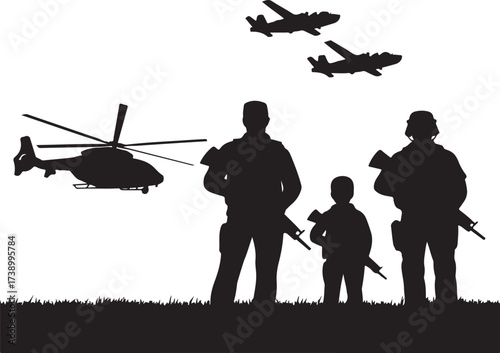 Soldiers stand guard as helicopter and planes fly
