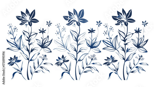 Elegant floral design with watercolor feel for invitations, stationery, and website backgrounds, beautiful blue indigo blooms on stems and leaves