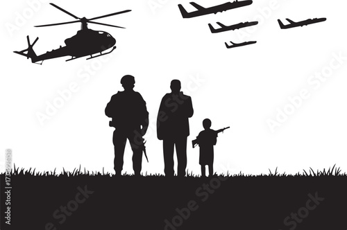 Soldiers, civilian, child watch military aircraft fly over