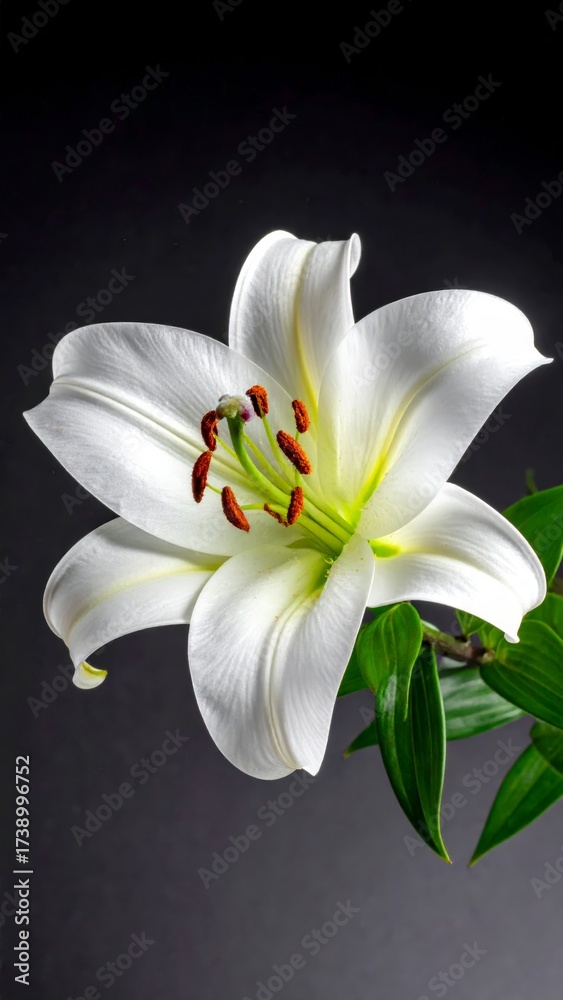 Fototapeta premium A macro closeup of a beautiful white lily blossom on a black background