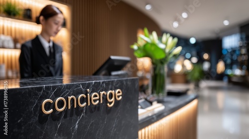 Concierge desk with Asian woman staff blurred in background. Hotel reception area or luxury service counter. Hospitality and premium guest experience.