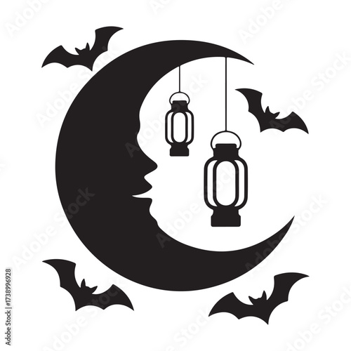 Crescent moon with face silhouette lanterns and bats in the night sky silhouette