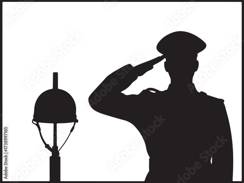 Soldier salutes memorial helmet honoring fallen heroes