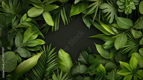 Minimalist black background with lush green foliage border