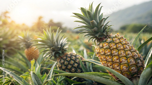 Fototapeta Naklejka Na Ścianę i Meble -  Pineapple field with ripe fruits and lush green leaves under sunlight